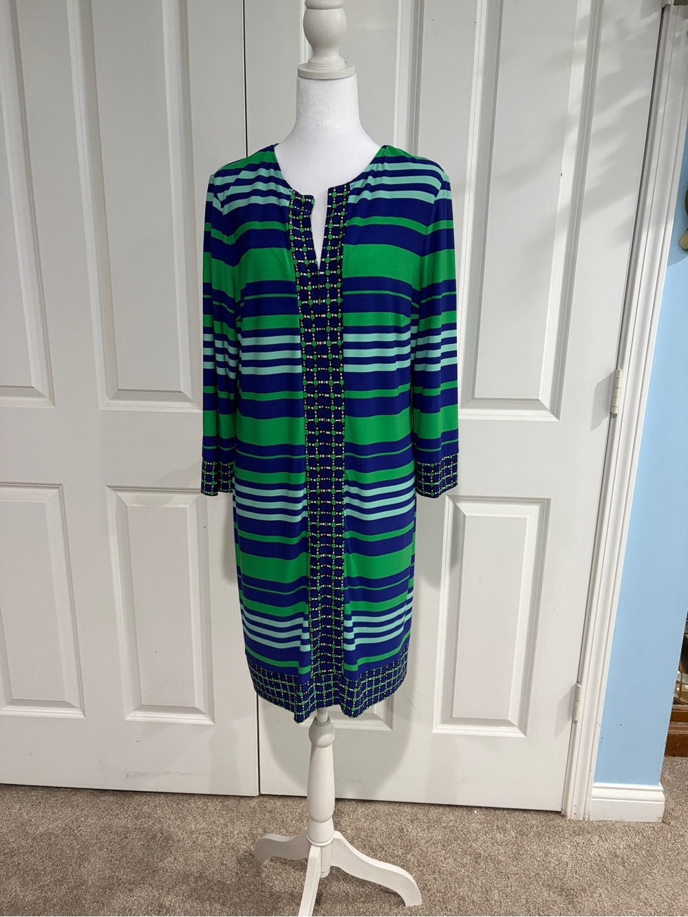 Donna Morgan Green and Blue Striped Midi Dress